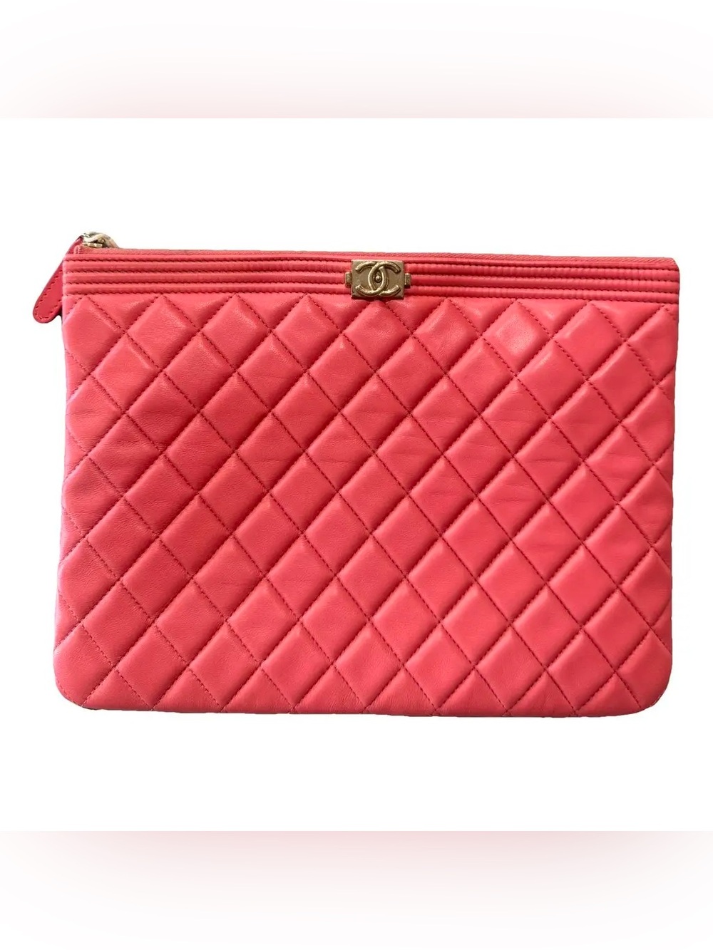 Rare Chanel Boy Quilted Lambskin Clutch in Coral